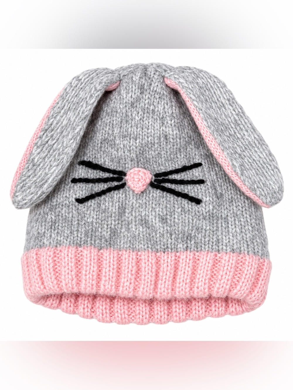 Girls Gray & Pink Bunny Rabbit Knit Winter Hat with Floppy Ears Wool Alpaca